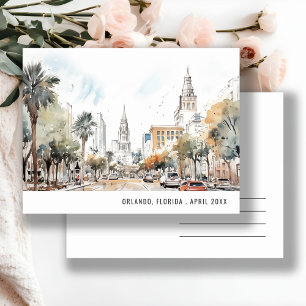 Chic Orlando Florida Skyline Watercolor Travel Postcard