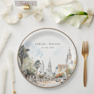 Chic Orlando Florida Skyline Watercolor Wedding Paper Plate