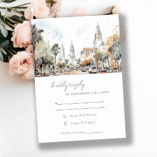 Chic Orlando Florida Skyline Watercolor Wedding RSVP Card