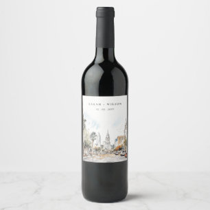 Chic Orlando Florida Skyline Watercolor Wedding Wine Label