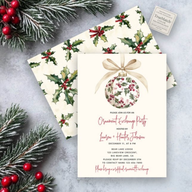 Chic Ornament Exchange Red Bow Holly Berry Party Invitation (Creator Uploaded)