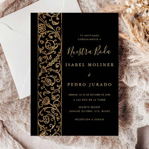 Chic Ornate Floral Black Gold Nuestra Boda Wedding Invitation
