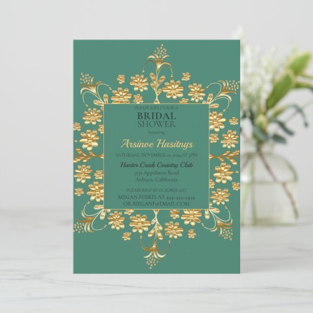 Chic Ornate Gold Floral Bridal Shower Invitation (Standing Front)