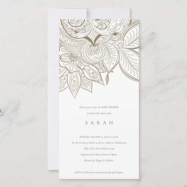 Chic Ornate Paisley Ivory Gold Baby Shower Invite (Front)