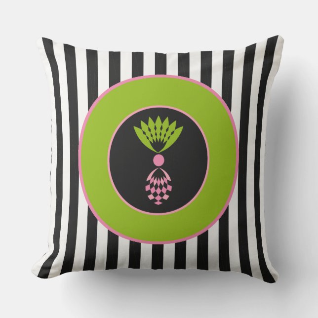 CHIC OUTDOOR PILLOW_MOD PINEAPPLE ON PLACK STRIPES CUSHION (Front)