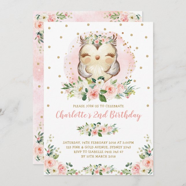 Chic Owl Blush Pink Gold Floral Girl Birthday Invitation (Front/Back)