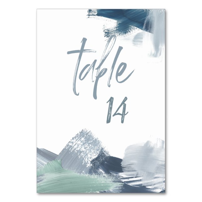 Chic Pale Dusty Blue Abstract Brushstrokes Table Number (Front)