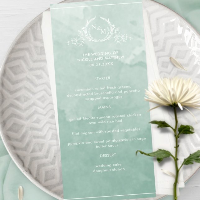 Chic Pale Green Watercolor, Monogram Wedding Menu (Creator Uploaded)