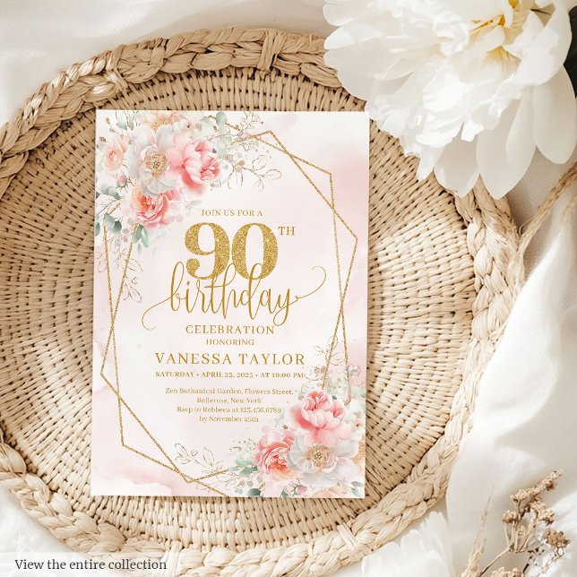 Chic Pale Pink Gold Floral 90th Birthday Invite (Chic Pale Pink Gold Floral 90th Birthday Invitation)