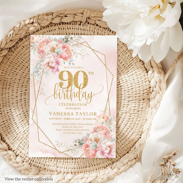 Chic Pale Pink Gold Glitter Flowers 90th Invites (Chic Pale Pink Gold Glitter Flowers 90th Invitation)