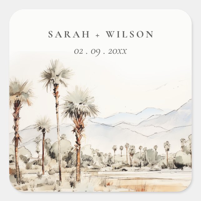 Chic Palm Springs California Landscape Wedding Square Sticker (Front)