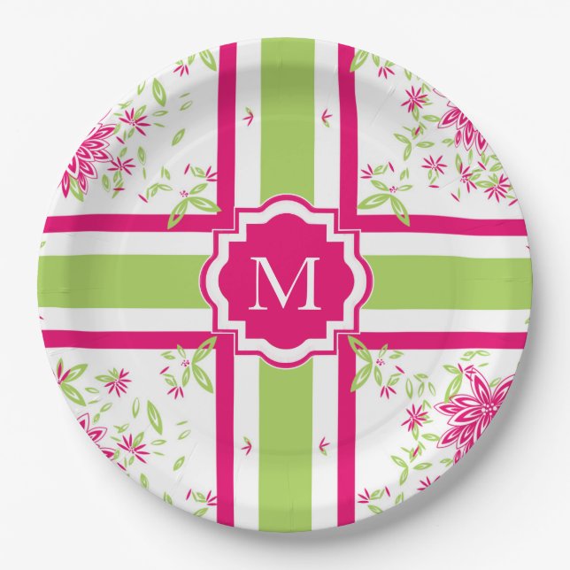 CHIC PAPER PLATE_LOVELY HOT PINK/GREEN FLORAL PLATE (Front)