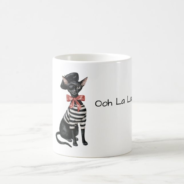 Chic Paris Cat Red Bow Black White Stripes Coffee Mug (Center)