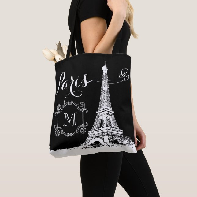 Chic Paris Eiffel Tower Black White Monogram Tote Bag (Close Up)