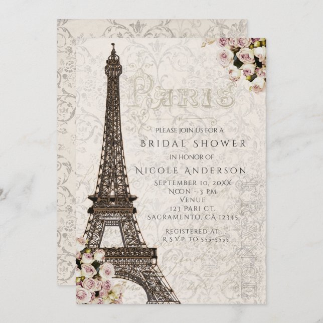 Chic Paris Eiffel Tower & Roses Elegant Invitation (Front/Back)