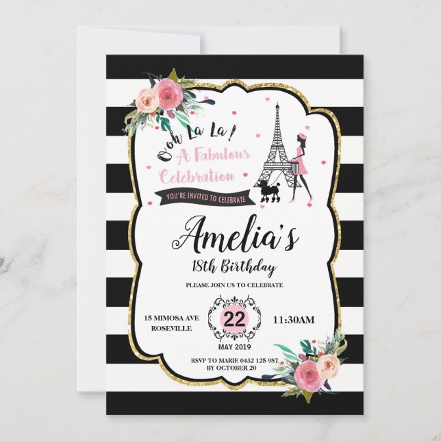 Chic Paris Girl and Poodle Birthday Party Invitation (Front)