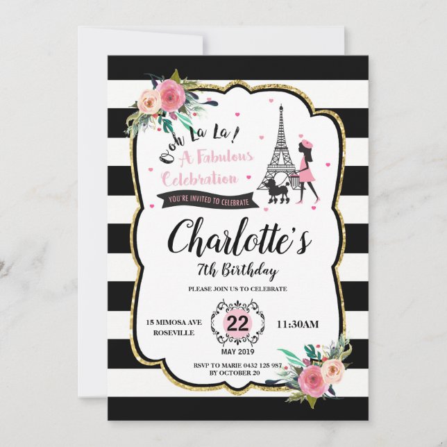 Chic Paris Girl and Poodle Birthday Party Invitation (Front)