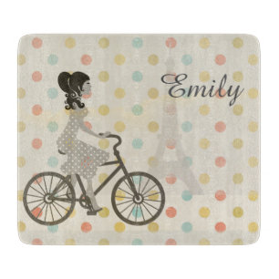 Chic Paris Girl Riding Bike Dotty Personalised Cutting Board
