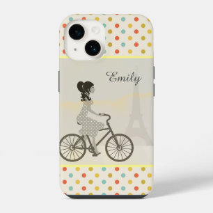 Chic Paris Girl Riding Bike Dotty Personalised iPhone 14 Case