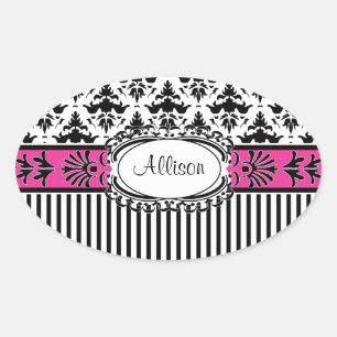 Chic Paris Pink and Black Damask and Stripes Oval Sticker
