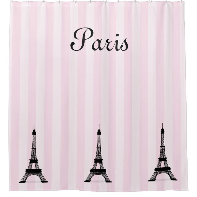 Chic Paris Pink Stripe and Black Eiffel Towers Shower Curtain (Front)