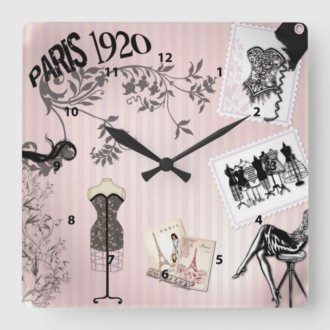 Chic Paris Vintage Fashion Square Wall Clock (Front)