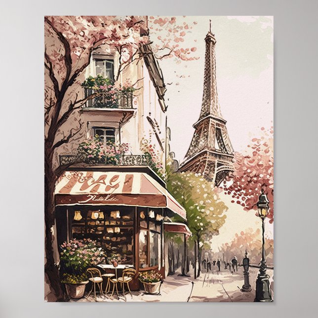 Chic Parisian Cafe Eiffel Tower Paris France Scene Poster (Front)
