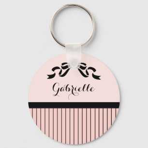 Chic Parisian Pink Pinstripes Black Bow and Name Key Ring