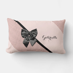 Chic Parisian Pink Polka Dots Black Bow and Name Lumbar Cushion