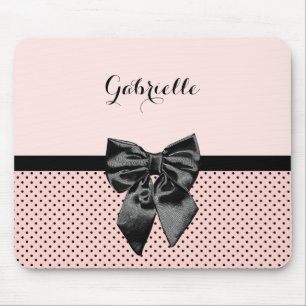 Chic Parisian Pink Polka Dots Black Bow and Name Mouse Pad