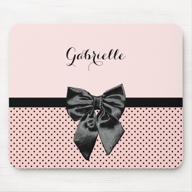 Chic Parisian Pink Polka Dots Black Bow and Name Mouse Pad (Front)