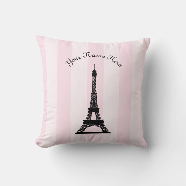Chic Parisian Pink Stripe Black Eiffel Tower Cushion (Front)