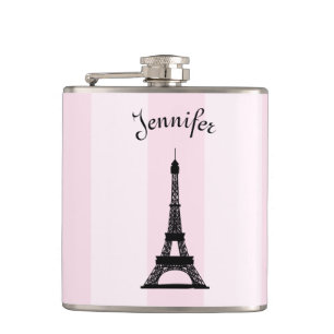 Chic Parisian Pink Stripe Black Eiffel Tower Hip Flask