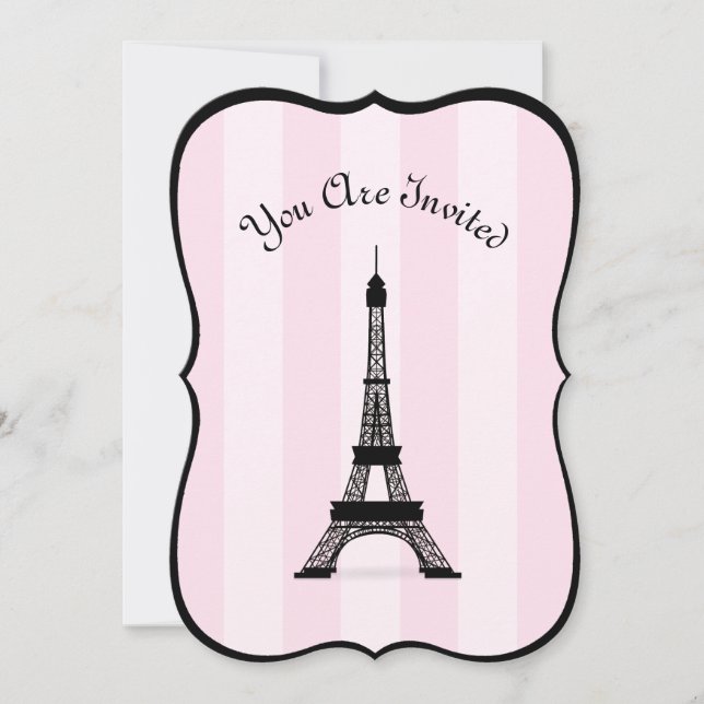 Chic Parisian Pink Stripe Black Eiffel Tower Invitation (Front)