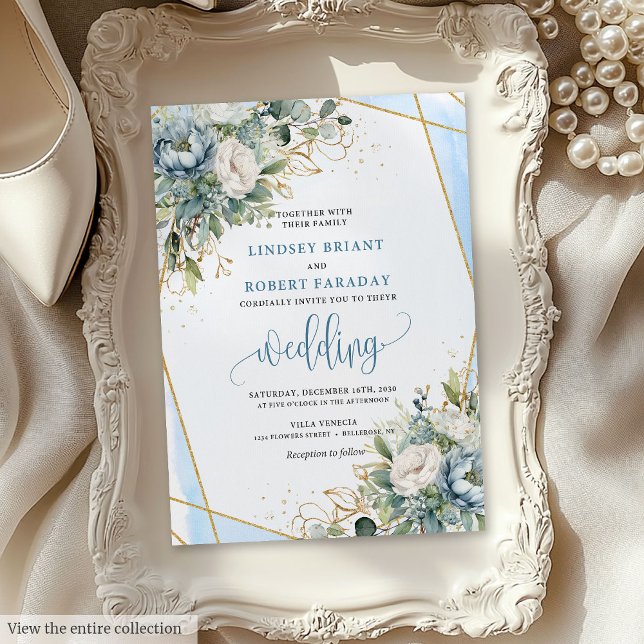Chic Pastel Blue Sage Gold Floral Wedding Invites (Chic Pastel Blue Sage Gold Floral Wedding Invitation)