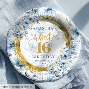 Chic Pastel Blue Sweet 16 Gold Sparkle Party Plate