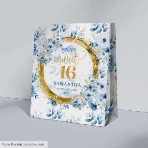 Chic Pastel Blue Sweet Sixteen Gold Glitter Party  Medium Gift Bag