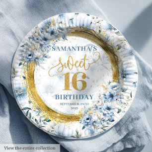 Chic Pastel Blue Sweet Sixteen Gold Glitter Plates