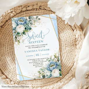Chic Pastel Blue White Gold Flowers Sweet 16  Invitation