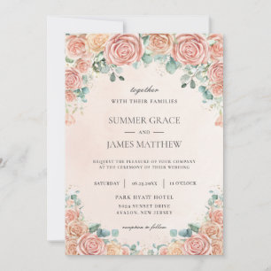 Chic Pastel Blush Peach Floral Roses Wedding  Invi Invitation