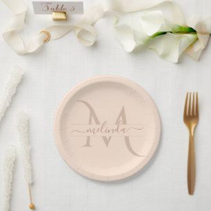 Chic Pastel Blush Pink Monogram Custom Name Girly Paper Plate