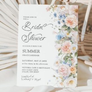 Chic Pastel Blush White Blue Floral Bridal Shower Invitation