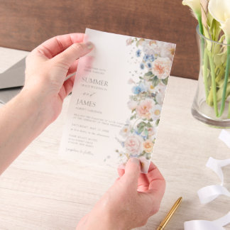 Chic Pastel Blush White Blue Roses Floral Wedding  Vellum Invitations