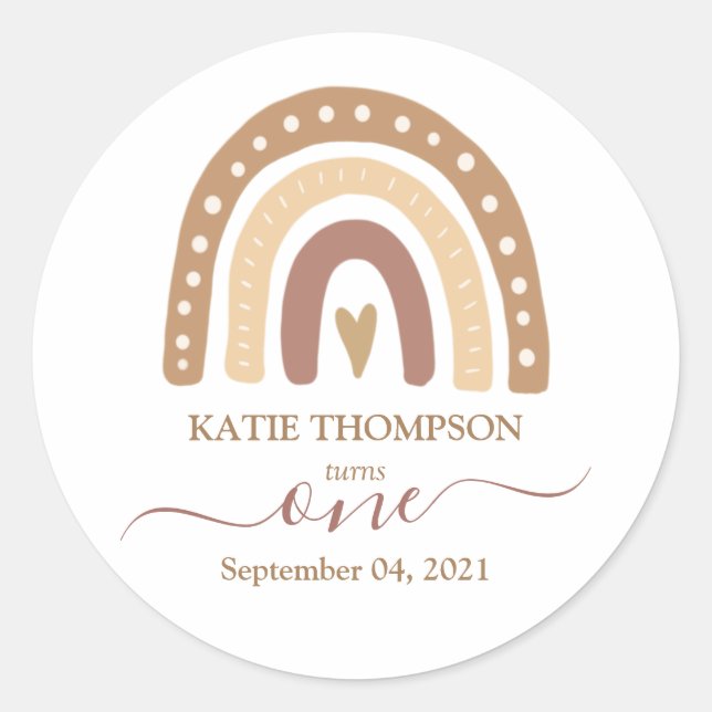 Chic Pastel Brown Rainbow Boho First Birthday Classic Round Sticker (Front)