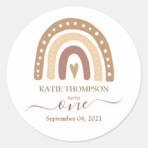 Chic Pastel Brown Rainbow Boho First Birthday Classic Round Sticker