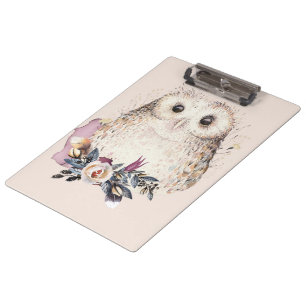 Chic Pastel Flower Owl Animal Boho Illustration Clipboard