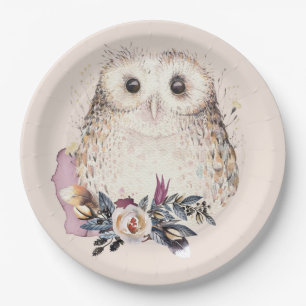 Chic Pastel Flower Owl Animal Boho Illustration Paper Plate