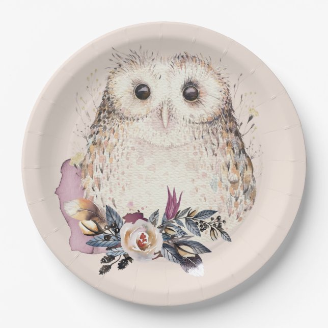 Chic Pastel Flower Owl Animal Boho Illustration Paper Plate (Front)