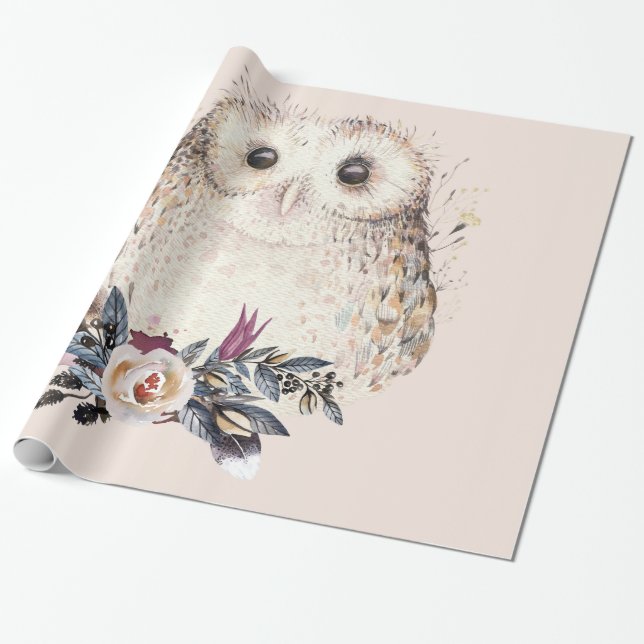 Chic Pastel Flower Owl Animal Boho Illustration Wrapping Paper (Unrolled)