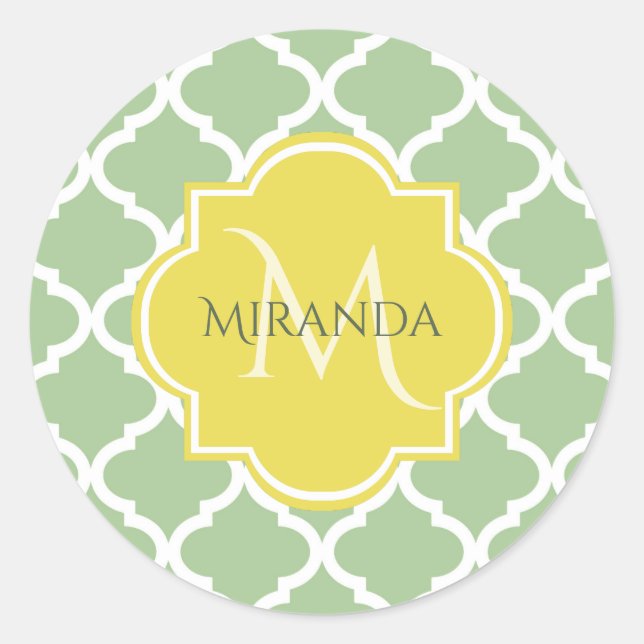 Chic Pastel Green Quatrefoil Yellow Name Monogram Classic Round Sticker (Front)